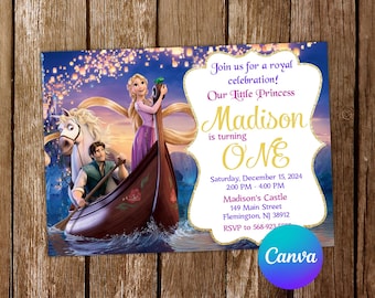 Puede incluir: Una invitación de cumpleaños morada y dorada con una imagen de Rapunzel y Flynn Rider en un bote. El texto dice "¡Únete a nosotros para una celebración real! Nuestra pequeña princesa Madison cumple un año. Sábado, 15 de diciembre de 2024 2:00 PM - 4:00 PM Castillo de Madison 149 Main Street Flemington, NJ 38912 RSVP al 568-923-5000"