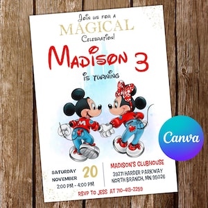 Invitación de Mickey Mouse Invitación de cumpleaños de Minnie Mouse Fiesta de Mickey Mouse Invitaciones de Minnie Mouse Invitación editable Tarjeta digital