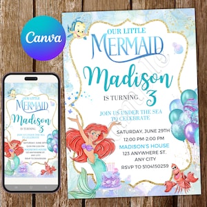 Faire-part de la petite sirène Faire-part d'anniversaire de la petite sirène Faire-part Ariel aquarelle pour fête d'anniversaire Ariel