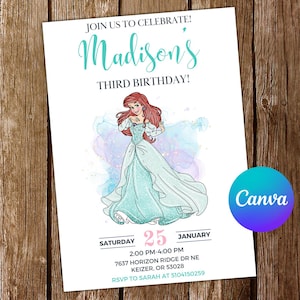 Ariel Invitation Little Mermaid Invitation Princess Ariel Birthday Invitation Ariel Watercolor Birthday Party Editable Invitation