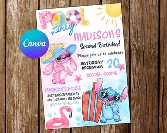 Zaproszenie Stitch Zaproszenie urodzinowe Stitch Przyjęcie na basenie Anioł Akwarela Edytowalne Zaproszenie Anioł Cyfrowa Karta