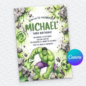 May include: A birthday invitation card featuring a green muscular character in purple shorts, surrounded by watercolor-style cracked stone and green splatter effects. The text reads: JOIN US TO CELEBRATE! MICHAEL THIRD BIRTHDAY! SATURDAY, 15 OCTOBER 2:00 PM-4:00 PM 7135 BAYFORD CT, MARIETTA, GA 90062 RSVP TO JODIE AT 5104150259.