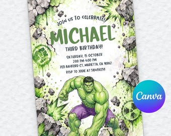 Invitation pour le 3e anniversaire de Hulk, modèle Canva modifiable, fête d'anniversaire sur le thème de Hulk, célébration pour garçon, téléchargement numérique
