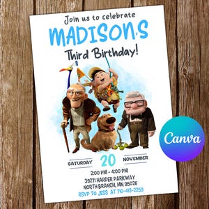 May include: A blue and white birthday invitation with a cartoon image of characters from the movie Up. The invitation says "Join us to celebrate MADISON'S Third Birthday!" and includes the date, time, and location of the party.