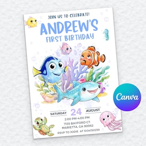 May include: A birthday party invitation featuring aquatic creatures like a clownfish, a blue tang, and a whale shark. The invitation reads "Andrew's First Birthday" with the date and time, and the Canva logo.