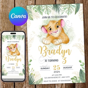 Convite Rei Leão Convite de Aniversário Rei Leão Festa Rei Leão Convite Editável Aquarela Rei Leão Cartão Digital Rei Leão