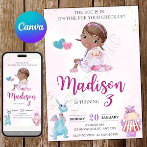 Convite Doc McStuffins Convite de aniversário Doc McStuffins Festa Doc McStuffins Cartão digital editável em aquarela do Doc McStuffins
