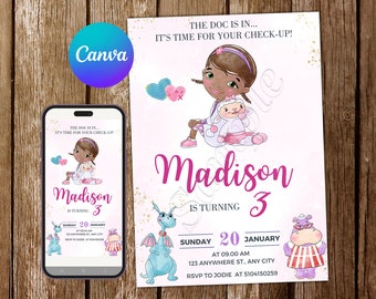 Doc McStuffins uitnodiging Doc McStuffins verjaardagsuitnodiging Doc McStuffins partij Doc McStuffins aquarel bewerkbare uitnodiging digitale kaart