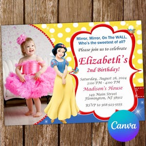 Schneewittchen-Einladung Prinzessin Schneewittchen-Geburtstags-Einladung Schneewittchen-Party Schneewittchen lädt Schneewittchen-bearbeitbare Einladung ein