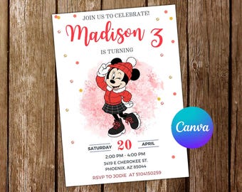 Minnie-Maus-Einladung Minnie-Maus-Geburtstags-Einladung Minnie-Maus-Party Minnie-Maus lädt ein bearbeitbare Einladung Digitale Karte