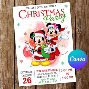 Invitación de Navidad de Mickey Mouse Invitación de cumpleaños de Minnie Mouse Fiesta de Mickey Mouse Invitaciones de Minnie Mouse Invitación editable Tarjeta digital