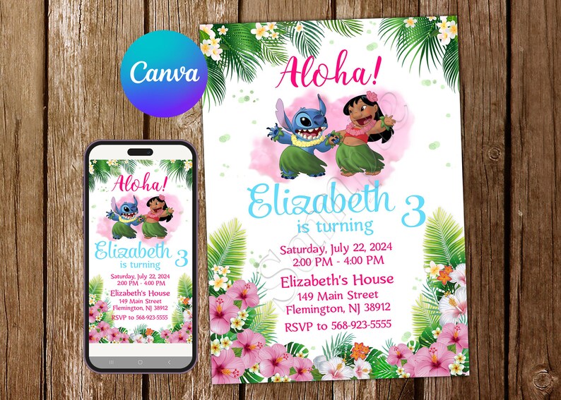 May include: A colorful invitation with a tropical theme featuring Stitch and Angel from the Disney movie Lilo & Stitch. The invitation is for Elizabeth's 3rd birthday party. The text reads "Aloha! Elizabeth is turning 3. Saturday, July 22, 2024, 2:00 PM - 4:00 PM, Elizabeth's House, 149 Main Street, Flemington, NJ 38912, RSVP to 568-923-5555."