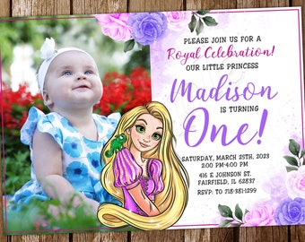 May include: A personalized birthday invitation featuring a photo of a baby girl and a cartoon of Rapunzel. The invitation text reads "Madison is turning One!" with event details and floral accents in pink and purple.