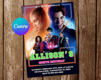 Op de afbeelding: Een digitaal ontworpen uitnodiging voor Allison's achtste verjaardag, met een groep jonge mensen. De uitnodiging bevat de tekst "Doe met ons mee om te vieren" en de datum, tijd en locatie van het feest.