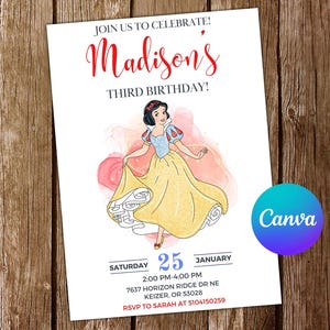 Invitación de Blancanieves Invitación de cumpleaños de la princesa Blancanieves Fiesta de Blancanieves Invitaciones de Blancanieves Invitación editable de acuarela de Blancanieves
