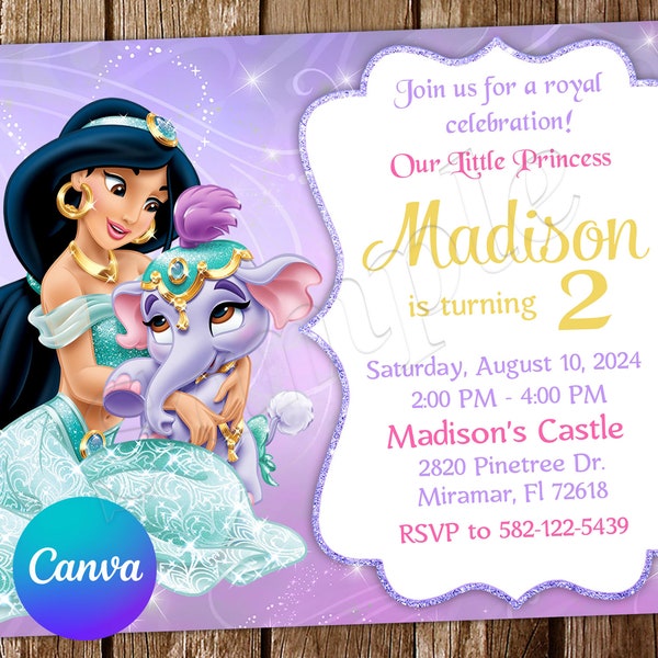 Jasmine Invitation Princess Jasmine Birthday Invitation Jasmine Party Jasmine Invites Editable Invitation Digital Card
