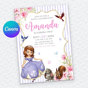 Puede incluir: Una tarjeta de invitación de cumpleaños con fondo de rayas moradas, una princesa de dibujos animados con vestido morado, un conejo, una ardilla y flores rosas. Texto: JOIN US FOR A ROYAL CELEBRATION, Amanda IS TURNING TWO!, NOV 28 2026, 2:00 PM-4:00 PM.