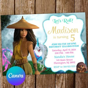 May include: A blue and green birthday invitation with a cartoon image of a girl with brown hair wearing a brown hat and a yellow and brown outfit. The invitation says "Let's Roll! Madison is turning 5" and includes details for a birthday party.