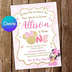 Baby Minnie Mouse uitnodiging Baby Minnie Mouse eerste verjaardagsuitnodiging Minnie Mouse feest Minnie Mouse bewerkbare uitnodiging