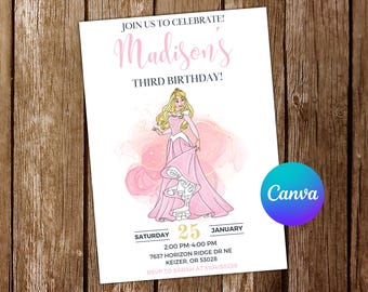 May include: A pink and white birthday invitation with a cartoon image of a princess in a pink dress. The invitation says "Join us to celebrate! Madison's Third Birthday!" and includes the date, time, and location of the party.