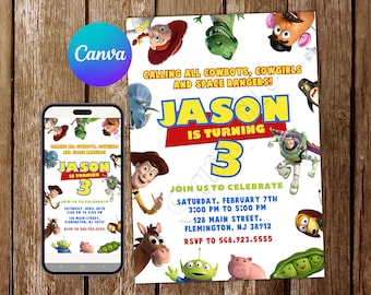 Toy Story 3rd Bday, Editable Canva Template, Toy Story Invitation, White Background Characters, Boy Digital Download