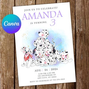 Könnte beinhalten: Eine Geburtstagseinladung mit einem Aquarellhintergrund, auf dem sich eine Gruppe Dalmatiner-Welpen übereinander gestapelt befinden. Die Einladung lautet: "Feiern Sie mit uns! Amanda wird 3 Jahre alt. Aug 24 2024. 14:00-16:00 Uhr. 123 Anywhere St. Any City, ST 12345. RSVP an Deborah unter 712-570-5219."