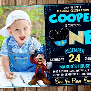 May include: A blue and gold birthday invitation with a photo of a baby boy wearing a white hat. The invitation says "Join us for a magical celebration, Cooper is turning one, December 24, 2:00 PM, Mason's House, 3615 Lusted Lane, Batavia, IL 70512, RSVP to Jennifer at 385-9011-135, See Ya Real Soon!"