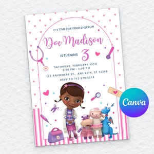 May include: A rectangular birthday invitation card featuring a white background with pink hearts and stripes. The text reads: IT'S TIME FOR YOUR CHECKUP! Doc Madison IS TURNING 3. Includes illustrations of a doctor character, a lamb, and a blue dragon.