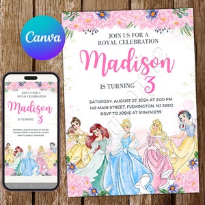 Invitación de princesa Bella Invitación de cumpleaños Fiesta de Ariel Invitación editable de Cenicienta Blancanieves Acuarela Aurora Tarjeta digital
