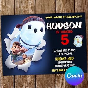 May include: A navy blue birthday invitation featuring the character Ron from the movie Ron's Gone Wrong. The invitation includes the text "Hudson is turning 5" and event details. The design incorporates a torn paper effect.