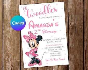Invitación de Minnie Mouse Oh Twodles Invitación de cumpleaños de Minnie Mouse rosa Fiesta de Minnie Mouse Invitaciones de Minnie Mouse Invitación editable