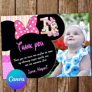 Cartão de agradecimento para bebê Minnie Mouse Convite para bebê Minnie Mouse Convite para primeiro aniversário de bebê Minnie Mouse Festa da Minnie Mouse