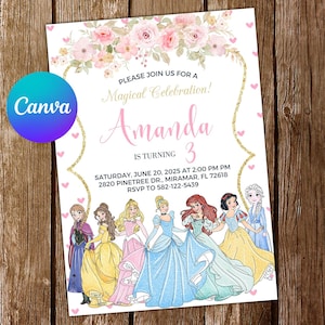 Princess Invitation Frozen Birthday Invitation Belle Party Ariel Editable Invitation Cinderella Snow White Aurora