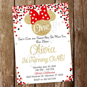 Rode en gouden Minnie Mouse uitnodiging Baby Minnie Mouse uitnodiging Minnie uitnodiging Minnie Mouse verjaardag Minnie verjaardag Minnie Mouse feest