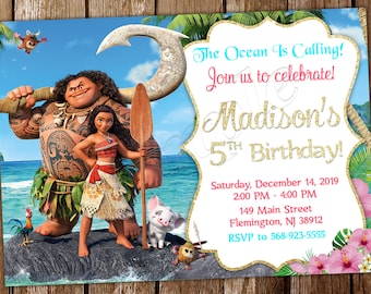 May include: A Moana-themed birthday invitation with a cartoon image of Moana and Maui. The invitation is decorated with tropical flowers and leaves. The text on the invitation reads "The Ocean Is Calling! Join us to celebrate! Madison's 5th Birthday! Saturday, December 14, 2019 2:00 PM - 4:00 PM 149 Main Street Flemington, NJ 38912 RSVP to 568-923-5555"