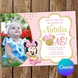 Zaproszenie na pierwsze urodziny Myszki Minnie Zaproszenie na pierwsze urodziny Myszki Minnie Przyjęcie Myszki Minnie Edytowalne zaproszenie Myszki Minnie