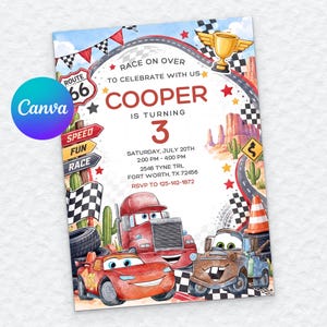 May include: A rectangular birthday invitation card featuring a race car theme with a red race car, a brown tow truck, and a red semi-truck. The text reads RACE ON OVER TO CELEBRATE WITH US COOPER IS TURNING 3, along with event details and a Route 66 sign.