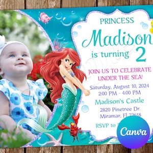 Faire-part petite sirène Faire-part d'anniversaire petite sirène Faire-part Ariel Faire-part modifiable fête d'anniversaire Ariel