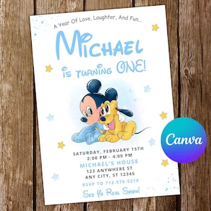 May include: A birthday invitation featuring Mickey Mouse and Pluto. The invitation has the text "Michael is turning ONE!" in blue, along with event details. The design includes stars and the Canva logo.