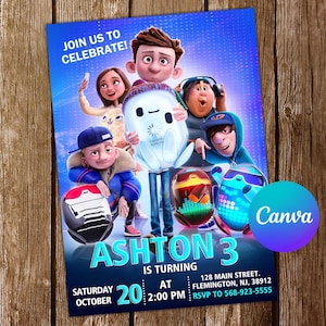 May include: A birthday party invitation featuring characters from the animated film "Ron's Gone Wrong". The invitation is blue and features the text "JOIN US TO CELEBRATE! ASHTON 3 IS TURNING AT 2:00 PM" and includes the date, address, and RSVP information.