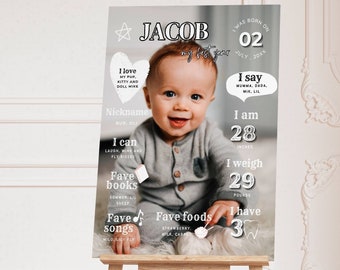 EDITABLE First Birthday Milestone Sign, Modern 1st Birthday Milestone Poster, One Year Photos Baby Milestone Board, DIY Printable Template