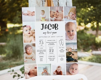 EDITABLE First Birthday Milestone Sign, Modern 1st Birthday Milestone Poster, One Year Photos Baby Milestone Board, DIY Printable Template