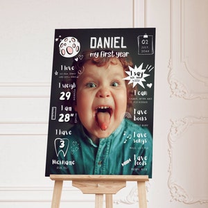 Panneau MODIFIABLE pour le premier anniversaire, affiche photo du 1er anniversaire, tableau noir pour bébé d&#39;un an, modèle imprimable bricolage