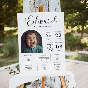 Editable First Birthday Milestone Sign, Modern 1st Birthday Milestone Poster, One Year Photo Baby Milestone Board, DIY Printable Template