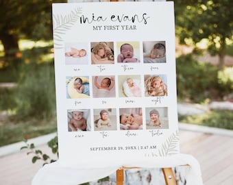 Printable Baby&#39;s First Year Photo Poster Template, Minimalist 1st Birthday Photo Collage Sign, Editable Year In Pictures Board DIY Milestone