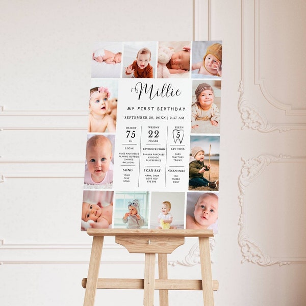 BEWERKBARE eerste verjaardag mijlpaal teken, moderne 1e verjaardag mijlpaal poster, één jaar foto's baby mijlpaal bord, DIY afdrukbare sjabloon