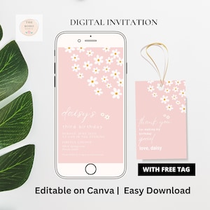 Convites para festa de aniversário de margarida retrô, convite de aniversário de margarida editável, convite de aniversário de telefone de margarida, convite floral, download instantâneo faça você mesmo