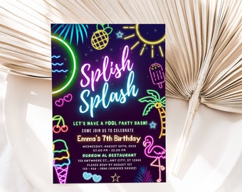 EDITABLE Pool Party Invitation, Text Invitation, Neon Invite, Summer Swimming Pool Party, Summer Splish Splash Invite Instant Download DIY
