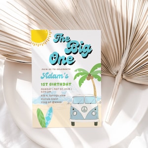EDITABLE Boy The Big One Surfing 1st Birthday Party Invitation, Vintage Retro Boy Surf Van Surfboard Beach Party Invite Instant Download DIY