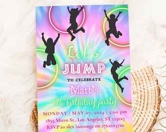Invitación de cumpleaños editable para saltar, invitación para saltar, fiesta de trampolines, castillo hinchable, fiesta de saltos, parque de trampolines, salto tie-dye, Canva DIY